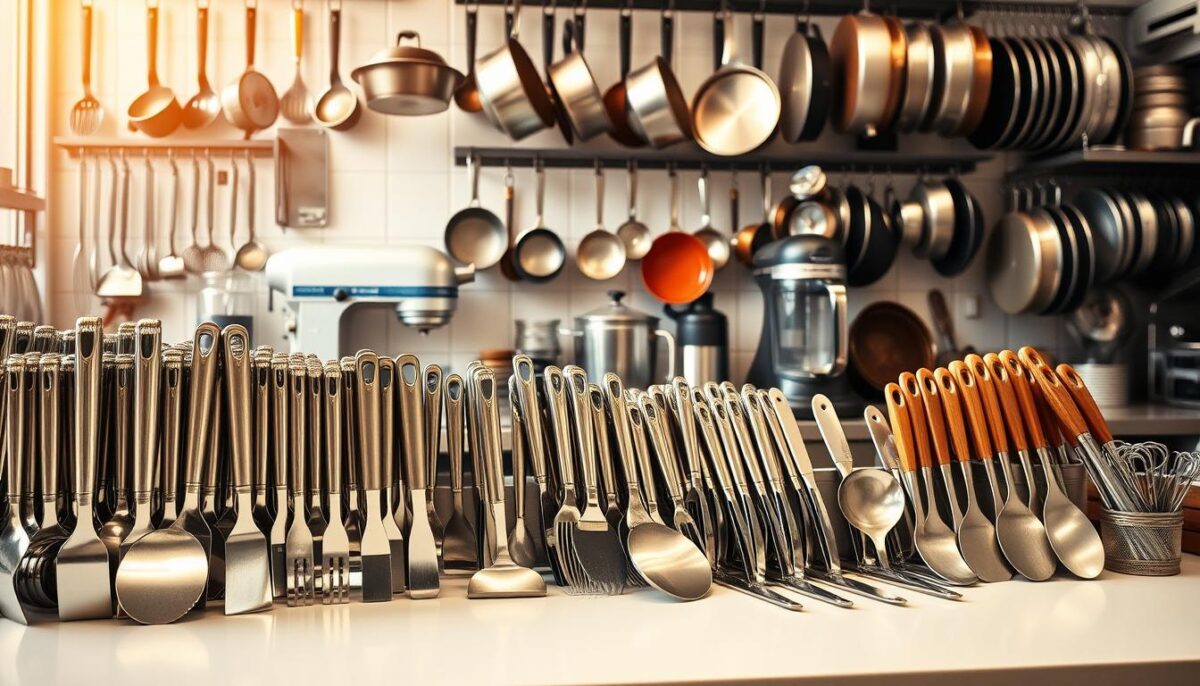 A meticulously organized commercial kitchen filled with a diverse array of essential tools. In the foreground, an array of gleaming stainless steel utensils, including chef's knives, tongs, and spatulas, neatly arranged on a spotless countertop. In the middle ground, a commercial-grade mixer, food processor, and blender stand ready to tackle a variety of culinary tasks. The background showcases a range of pots, pans, and baking sheets, all hung with care, creating a visually striking and efficient workspace. Warm, natural lighting casts a soft glow, highlighting the pristine condition of the tools, conveying a sense of diligence and attention to detail essential for maintaining a high-performance commercial kitchen.