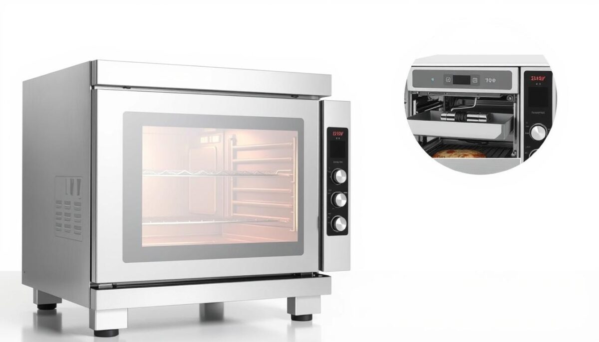 A modern, commercial-grade combi oven with a robust cleaning system, set against a clean, bright backdrop. The oven stands in the foreground, its stainless steel exterior gleaming under carefully positioned lighting. In the middle ground, a detailed view of the oven's intuitive control panel and easy-access cleaning components, showcasing the efficient maintenance features. The background fades into a crisp, white setting, emphasizing the oven's sleek, professional design and the importance of a well-engineered cleaning system for commercial kitchens.