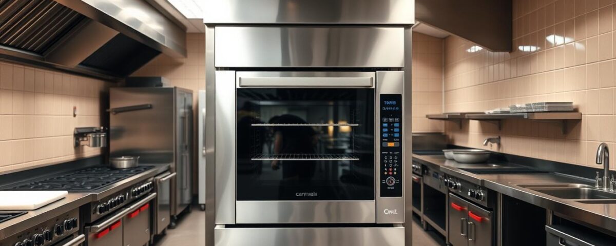 A modern commercial kitchen, with a stainless steel combi oven standing prominently in the center. The oven is gleaming under the bright overhead lighting, showcasing its sleek design and efficient functionality. The surrounding area is filled with other kitchen equipment, including stoves, sinks, and prep stations, all organized in a well-planned layout. The walls are tiled in a neutral color scheme, accentuating the professional and organized atmosphere. The floor is made of durable, easy-to-clean material, and the overall scene conveys a sense of efficiency and attention to detail, perfectly suited for the high-stakes environment of a commercial kitchen.