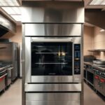 A modern commercial kitchen, with a stainless steel combi oven standing prominently in the center. The oven is gleaming under the bright overhead lighting, showcasing its sleek design and efficient functionality. The surrounding area is filled with other kitchen equipment, including stoves, sinks, and prep stations, all organized in a well-planned layout. The walls are tiled in a neutral color scheme, accentuating the professional and organized atmosphere. The floor is made of durable, easy-to-clean material, and the overall scene conveys a sense of efficiency and attention to detail, perfectly suited for the high-stakes environment of a commercial kitchen.