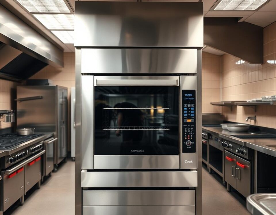 A modern commercial kitchen, with a stainless steel combi oven standing prominently in the center. The oven is gleaming under the bright overhead lighting, showcasing its sleek design and efficient functionality. The surrounding area is filled with other kitchen equipment, including stoves, sinks, and prep stations, all organized in a well-planned layout. The walls are tiled in a neutral color scheme, accentuating the professional and organized atmosphere. The floor is made of durable, easy-to-clean material, and the overall scene conveys a sense of efficiency and attention to detail, perfectly suited for the high-stakes environment of a commercial kitchen.