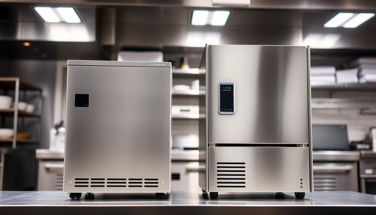 A modern commercial kitchen with sleek, stainless steel appliances. In the foreground, two ice machines stand side by side - one a modular unit with a compact design, the other a larger, self-contained model. The modular machine has a minimalist aesthetic, blending seamlessly into the kitchen's clean lines, while the self-contained unit has a more traditional, bulkier silhouette. The lighting is bright and evenly distributed, highlighting the machines' polished surfaces and creating a sense of functionality and efficiency. The background features blurred shelves and equipment, placing the focus on the ice machines and their contrasting forms. The scene conveys a professional, well-equipped workspace where the choice between modular and self-contained ice machines is a key consideration.