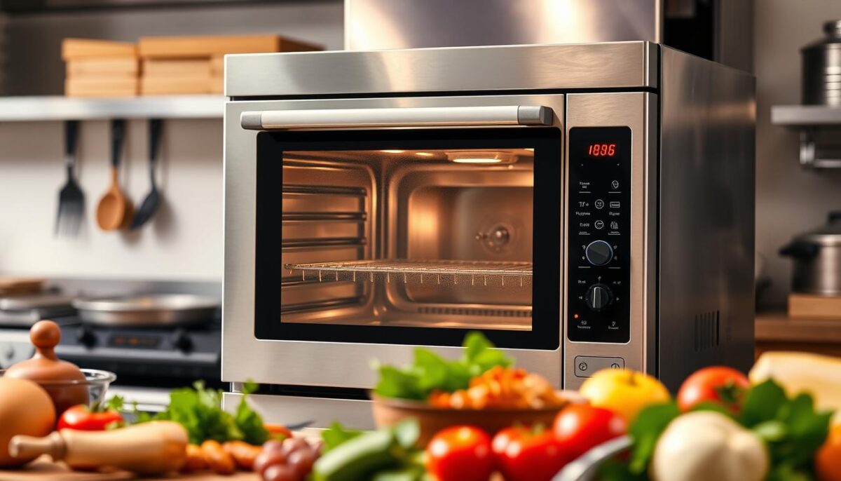 A modern, energy-efficient combi oven set against a backdrop of a professional kitchen. The stainless steel appliance stands prominently, its sleek design and intuitive controls showcasing the latest advancements in commercial cooking technology. Soft, even lighting illuminates the oven's interior, highlighting its versatility for baking, roasting, and steaming. In the foreground, various culinary tools and ingredients allude to the oven's role in streamlining meal preparation and reducing operational costs. The overall scene conveys a sense of efficiency, innovation, and cost-saving potential for the discerning chef or restaurant owner.