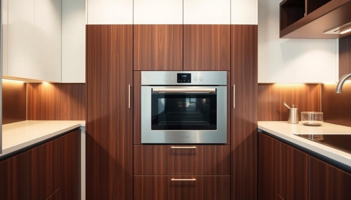 A modern, well-equipped kitchen with a built-in combi oven effortlessly integrated into the cabinetry. The oven is nestled seamlessly among the sleek, minimalist appliances and dark wood accents, creating a cohesive, high-end aesthetic. Soft, directional lighting illuminates the kitchen, casting a warm, inviting glow and highlighting the combi oven's clean lines and premium finish. The camera angle emphasizes the oven's seamless integration, showcasing how it can be seamlessly incorporated into a kitchen design without disrupting the overall flow and visual harmony of the space.
