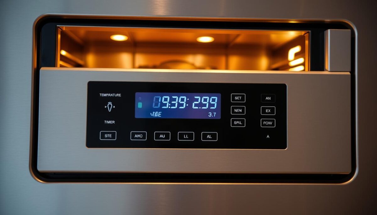 A precisely engineered combi oven control panel with a sleek, modern design. The front panel features a high-resolution digital display, a series of intuitive touch buttons, and a sturdy metal frame with a brushed stainless steel finish. The control interface is well-organized, with clearly labeled settings for temperature, cooking modes, timer, and other essential functions. The panel is illuminated by warm, indirect lighting, creating a professional, high-tech atmosphere. The camera angle is slightly elevated, capturing the control panel in a dynamic, three-quarter view that showcases its technical sophistication and user-friendly layout.
