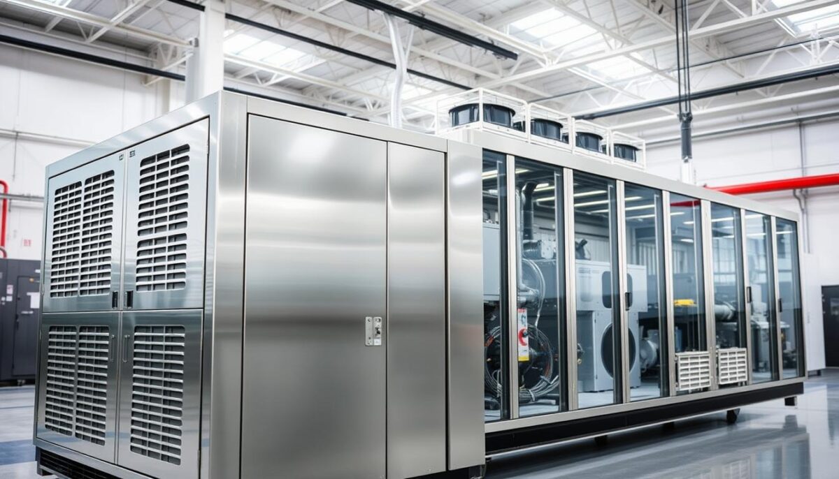 A pristine, well-lit industrial interior showcasing an efficient commercial ice machine. The foreground features the machine's sleek, gleaming stainless steel exterior, with intricate panels and vents meticulously arranged. Midground shows the machine's inner workings, with transparent sections revealing the complex mechanisms and coolant pathways that enable rapid ice production. The background depicts a clean, minimalist workspace with high ceilings and ample natural lighting, emphasizing the machine's seamless integration into a modern, functional environment. The overall composition conveys a sense of technological sophistication, energy efficiency, and mechanical precision, perfectly suited to illustrate the maintenance, serviceability, and operational excellence of this modular ice machine.
