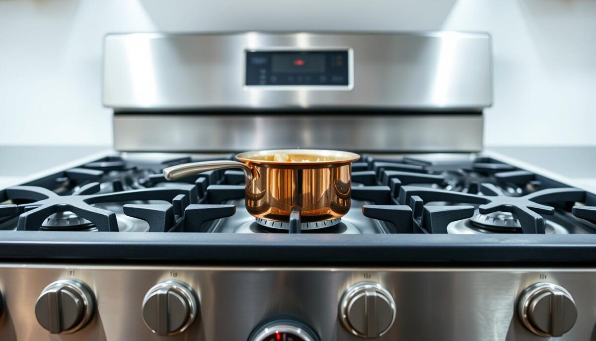 A professional-grade gas range, its stainless steel body gleaming under bright studio lighting. The burners, arranged in a precise grid, convey a sense of power and precision. The knobs and dials are meticulously crafted, beckoning the user to take control. In the foreground, a copper-bottomed saucepan sits atop one of the burners, its contents gently simmering. The background is a clean, minimalist kitchen setting, highlighting the range as the centerpiece. The composition emphasizes the range's sleek, modern design and its ability to deliver consistent, high-performance cooking.
