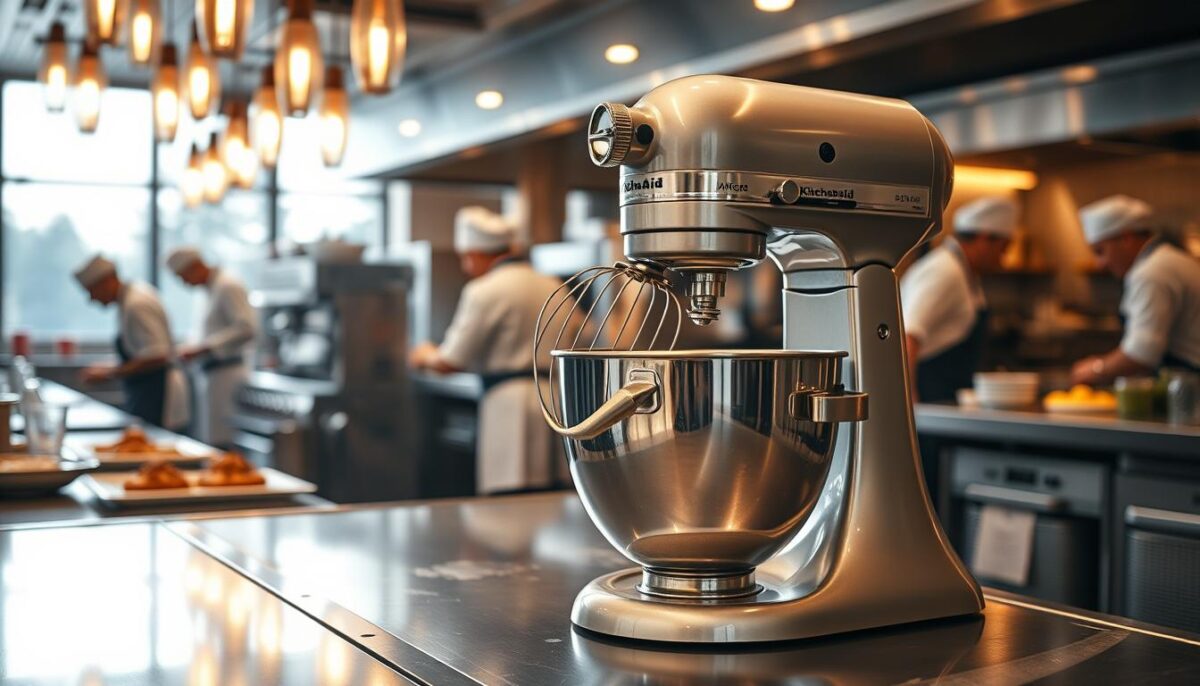 A professional, high-end kitchen in a bustling restaurant, with a gleaming KitchenAid stand mixer prominently displayed on the stainless steel countertop. The mixer is in use, mixing a batch of dough, its whisk attachment spinning rapidly. The kitchen is well-lit, with warm, golden lighting cascading from above, casting a cozy, productive atmosphere. In the background, chefs in crisp white uniforms can be seen preparing various dishes, their movements graceful and efficient. The overall scene conveys the integration of the KitchenAid mixer as an essential tool in the restaurant's culinary operations, showcasing its versatility and reliability in a professional kitchen setting.