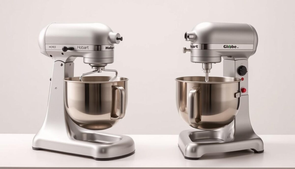 A professional, well-lit studio photograph showcasing a side-by-side comparison of a Hobart and a Globe commercial mixers. The mixers are placed on a clean, white table, with a neutral background that allows the machines to take center stage. Lighting is soft and diffused, creating a sense of elegance and precision. The image is captured at an angle that highlights the design, scale, and control panels of the mixers, allowing the viewer to appreciate the key features and evaluate the initial investment cost. The overall mood is one of informed decision-making, inviting the viewer to consider the long-term value of each mixer.