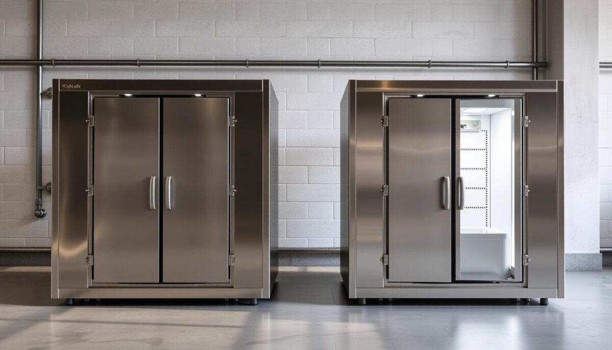 A side-by-side comparison of two walk-in coolers, Kolpak and Norlake, showcasing their durability and performance. The scene is illuminated by soft, even lighting that accentuates the sleek, stainless-steel exteriors. The coolers are placed in a minimalist, industrial-style setting, allowing the focus to remain on their robust construction and advanced cooling mechanisms. The camera angle is slightly elevated, offering a clear, detailed view of the units' key features, such as reinforced door hinges, insulation panels, and efficient compressors. The overall atmosphere conveys a sense of reliability, efficiency, and commercial-grade quality, aligning with the "Reliability Factors: Durability and Performance Analysis" section of the article.