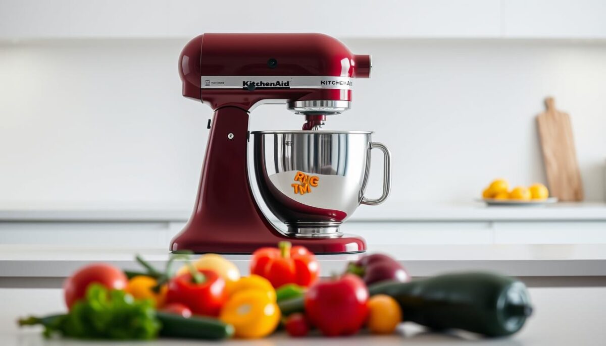 A sleek and modern KitchenAid stand mixer standing prominently on a pristine white countertop, its chrome accents gleaming under soft, even lighting. The mixer's iconic silhouette is captured from a slightly elevated angle, showcasing its sturdy build and the deep, rich hue of its classic design. In the middle ground, various fresh, colorful ingredients surround the mixer, hinting at the culinary possibilities it can unlock. The background features a minimalist, neutral-toned kitchen setting, allowing the mixer to be the focal point and emphasizing its role as a versatile, essential tool for culinary innovation.