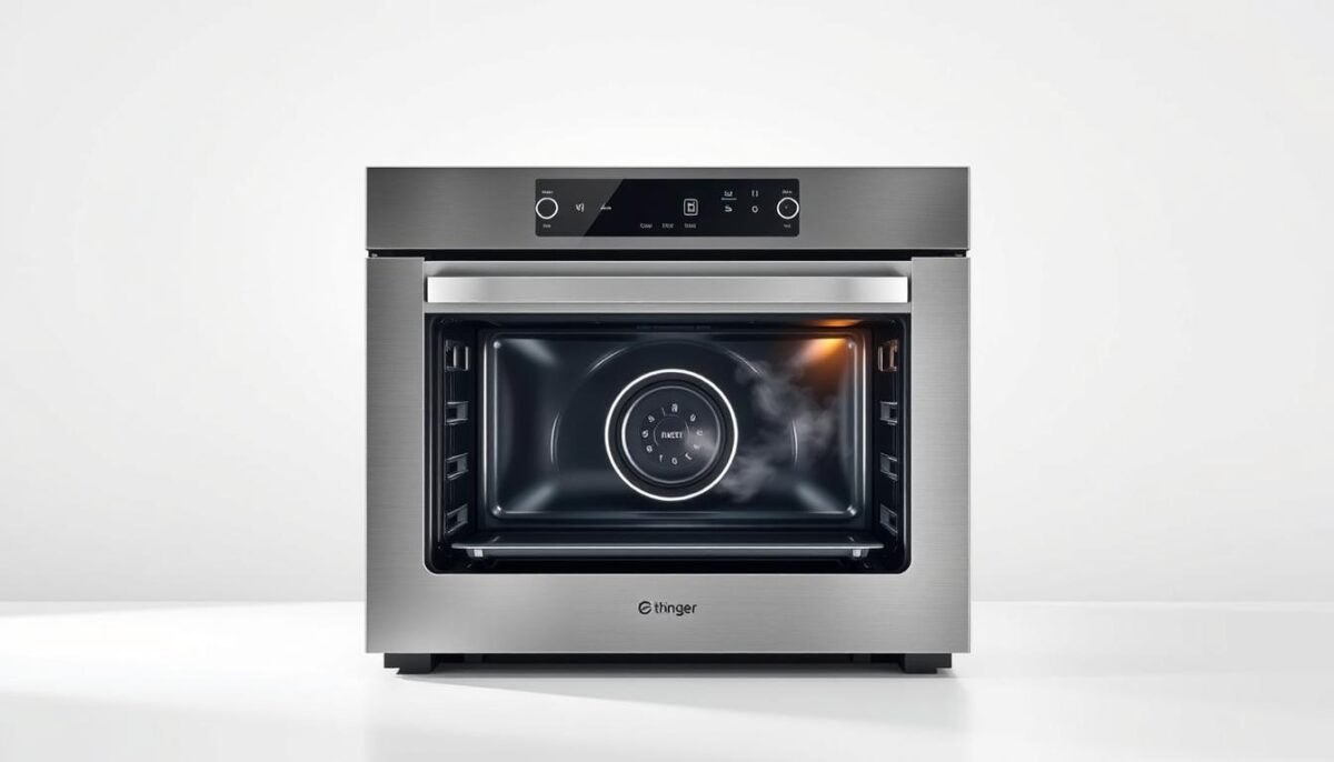 A sleek and modern combi oven against a bright, minimalist background. The stainless steel exterior gleams under soft, diffuse lighting, showcasing its clean lines and intuitive controls. The oven door is slightly ajar, revealing the high-tech interior with precise digital displays and various cooking modes. Wisps of steam escape, hinting at the powerful convection and steam capabilities that allow for versatile, professional-grade cooking. The overall composition highlights the combi oven's advanced technology and seamless integration into a contemporary kitchen setting.