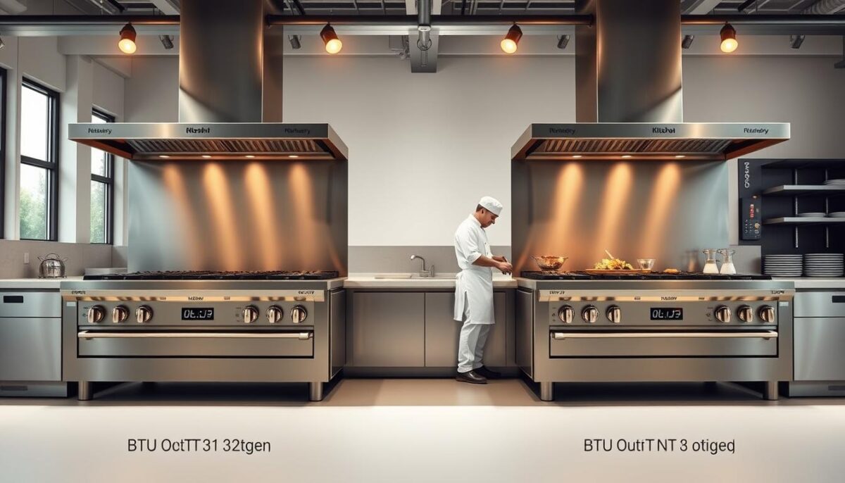 A sleek, industrial-style kitchen interior with two commercial-grade ranges side-by-side. The ranges have a brushed stainless steel finish and prominent control panels. The foreground showcases the BTU output and cooking power of each range, with clear numerical comparisons displayed. The middle ground features chefs in crisp white uniforms preparing various dishes on the ranges, highlighting their performance. The background has a clean, minimalist design with a neutral color palette, allowing the ranges to take center stage. The lighting is a combination of warm overhead spotlights and natural daylight filtering through large windows, creating a professional, well-lit atmosphere.