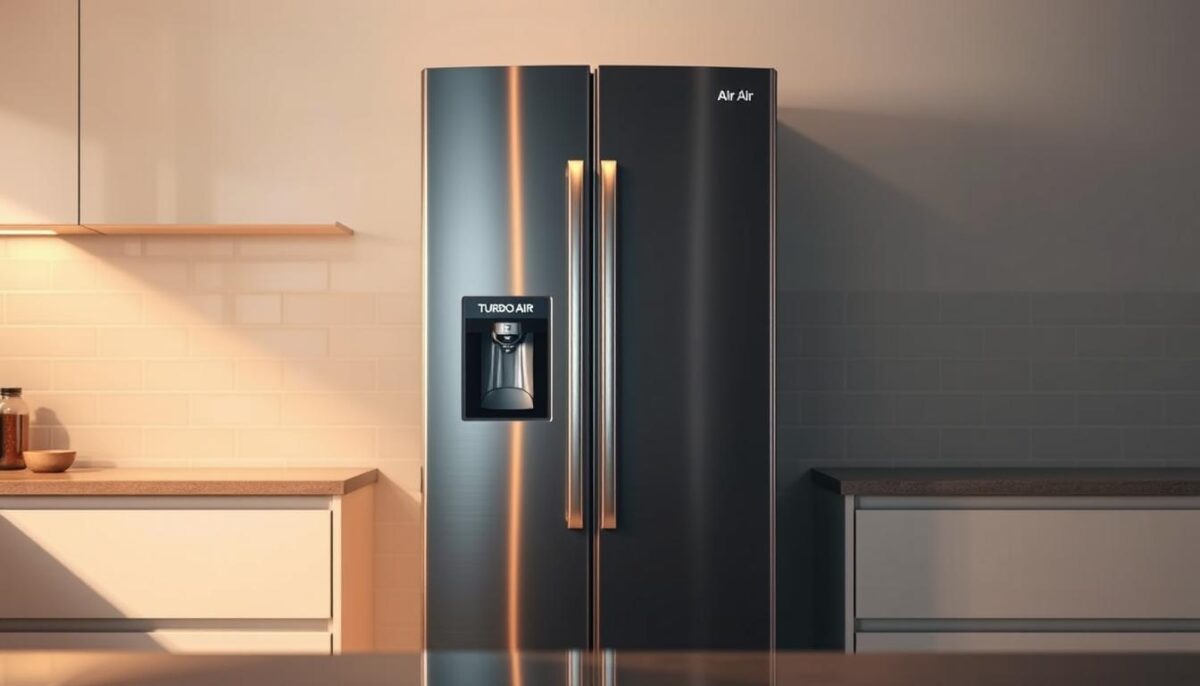A sleek, modern Turbo Air refrigerator stands proudly in a well-lit kitchen, its stainless steel exterior gleaming under warm, directional lighting. The appliance is positioned in the center of the frame, capturing its clean lines and elegant design. The background features a minimalist tiled backsplash, complementing the refrigerator's minimalist aesthetic. The image conveys a sense of efficiency, practicality, and high-end functionality, perfectly aligning with the "Turbo Air: Brand Overview" section of the article.