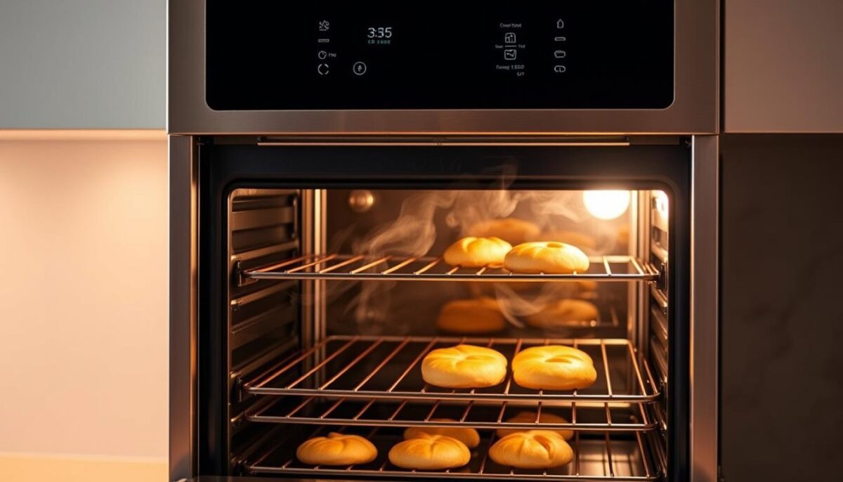 A sleek, modern combi oven set against a softly lit, minimalist kitchen backdrop. The brushed stainless steel exterior gleams under warm overhead lighting, casting gentle shadows that accentuate its clean, angular design. The oven door stands ajar, revealing a glimpse of freshly baked golden-brown breads and flaky, buttery pastries arranged on wire racks. Steam gently curls from the open oven, hinting at the delicious aromas within. The scene exudes a sense of culinary mastery and the promise of delectable baked goods, perfectly complementing the "Week Two: Mastering Bread and Pastries" section of the article.