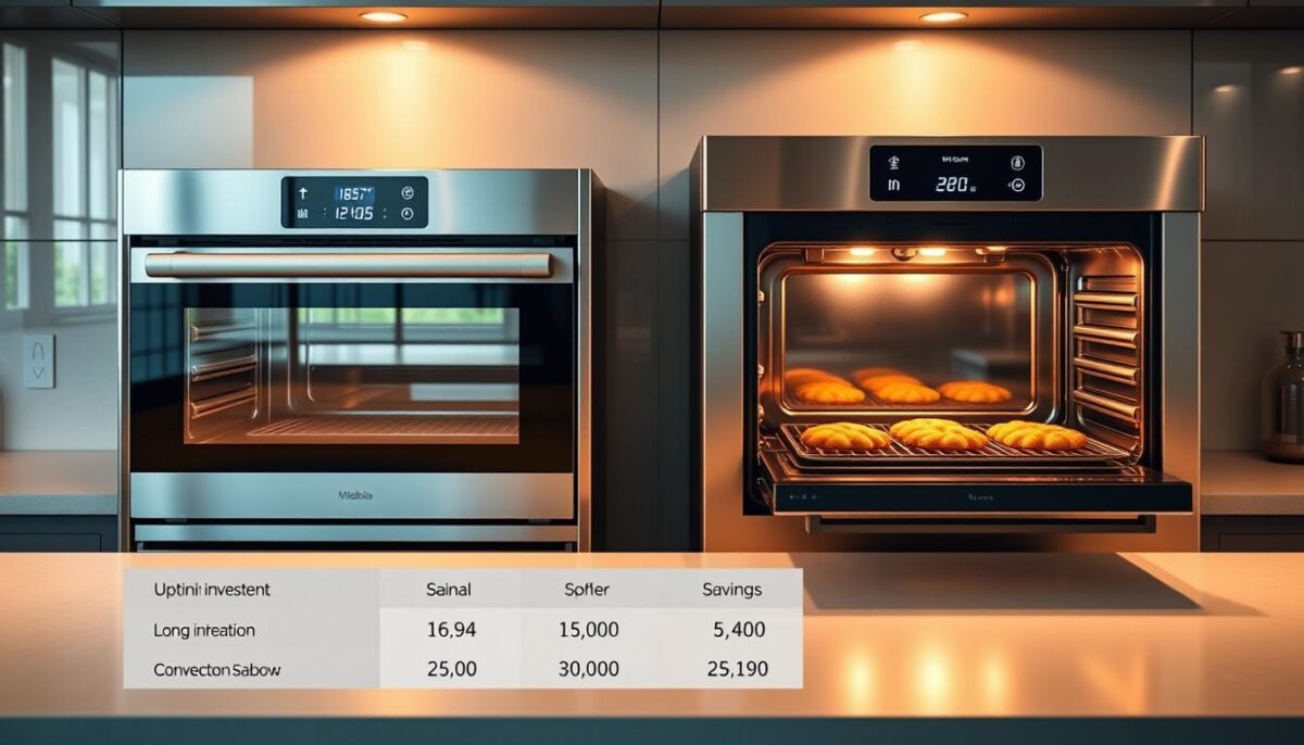 A sleek, modern kitchen countertop with a professional-grade combi oven and a high-end convection oven side-by-side. The ovens are bathed in warm, directional lighting, casting subtle shadows and highlighting their stainless steel finishes. The combi oven's digital display shows its advanced cooking modes, while the convection oven's large viewing window reveals its evenly browned contents. In the foreground, a detailed cost breakdown compares the upfront investment and long-term operating savings of each oven type, conveying a sense of informed decision-making. The overall scene exudes an atmosphere of culinary expertise and thoughtful equipment selection.
