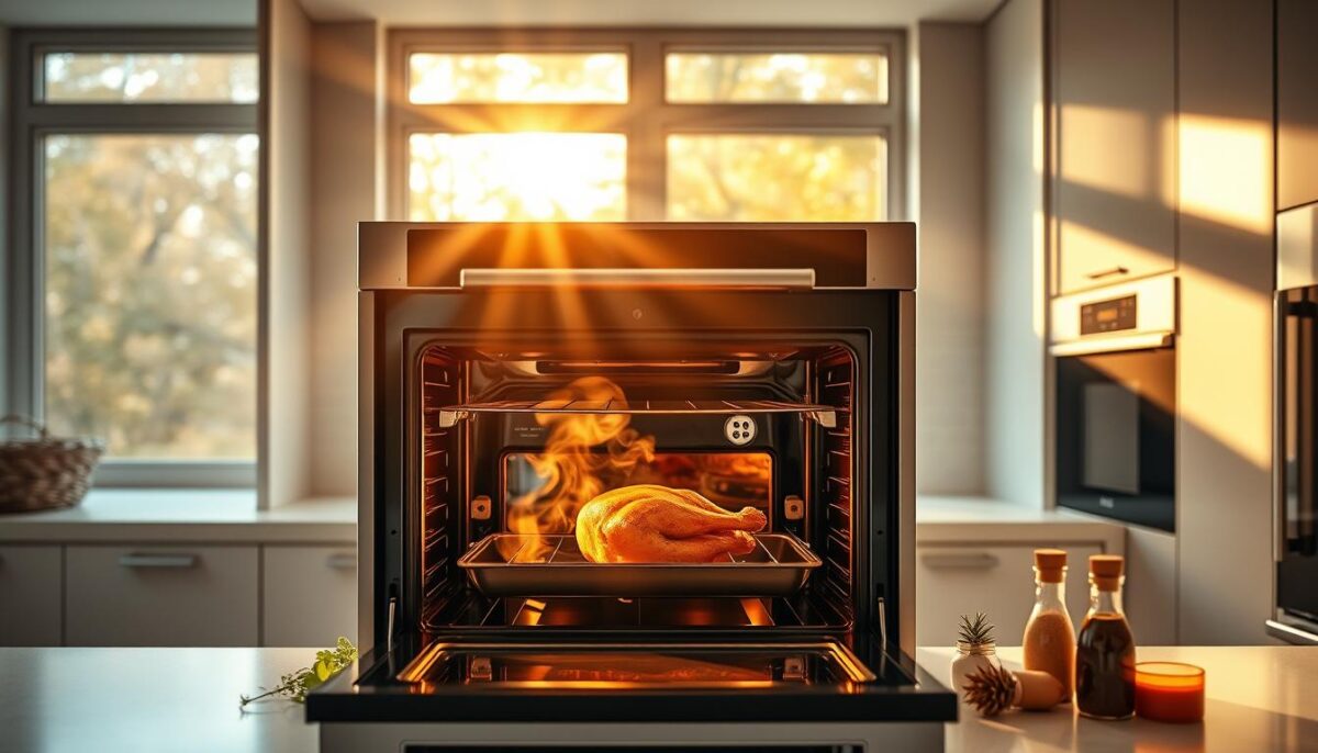 A sleek, modern kitchen with a convection oven taking center stage. The oven door is partially open, revealing the even browning of a perfectly roasted chicken, steam gently rising. Rays of warm, golden light pour in through large windows, casting a cozy, inviting glow. Stainless steel appliances gleam, complementing the smooth, minimalist cabinetry. Herbs and spices artfully arranged on the countertop hint at the delicious flavors being created. The scene exudes efficiency, precision, and the joy of effortless, convection-powered cooking.