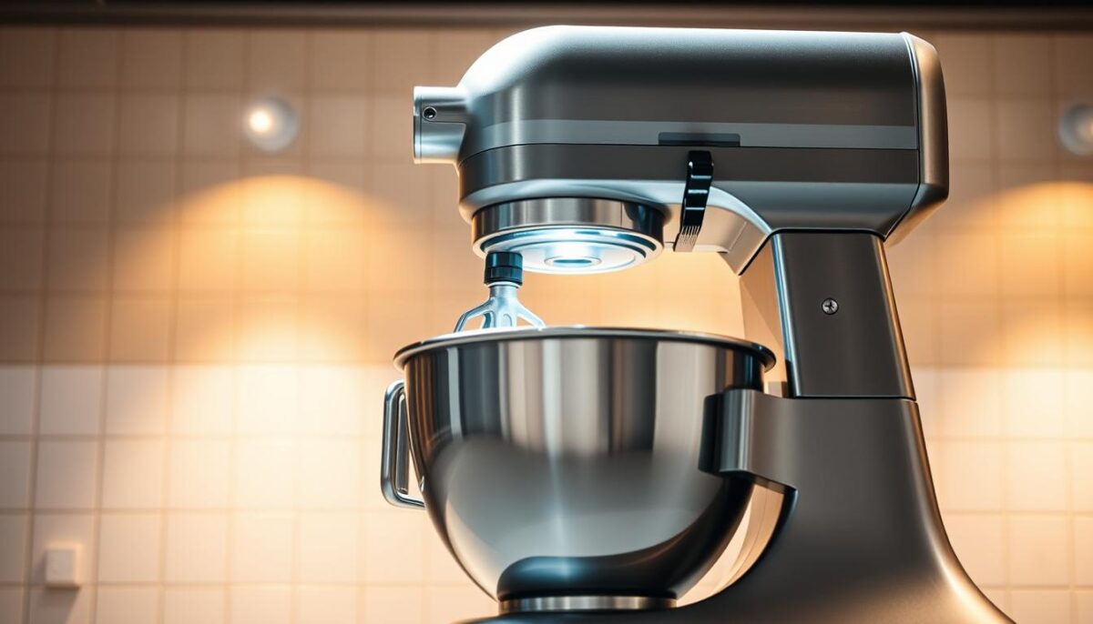 A sleek, professional-grade commercial mixer stands prominently in a well-lit commercial kitchen. Its stainless steel body gleams under warm, overhead lighting, casting soft shadows that accentuate its sturdy build and ergonomic design. The mixer's powerful motor whirs steadily, effortlessly blending ingredients in a large stainless steel bowl. In the background, a clean, minimalist tiled wall provides a simple, uncluttered backdrop, allowing the mixer's performance to take center stage. The scene conveys a sense of efficiency, reliability, and the mixer's ability to handle demanding commercial-scale food preparation tasks with ease.