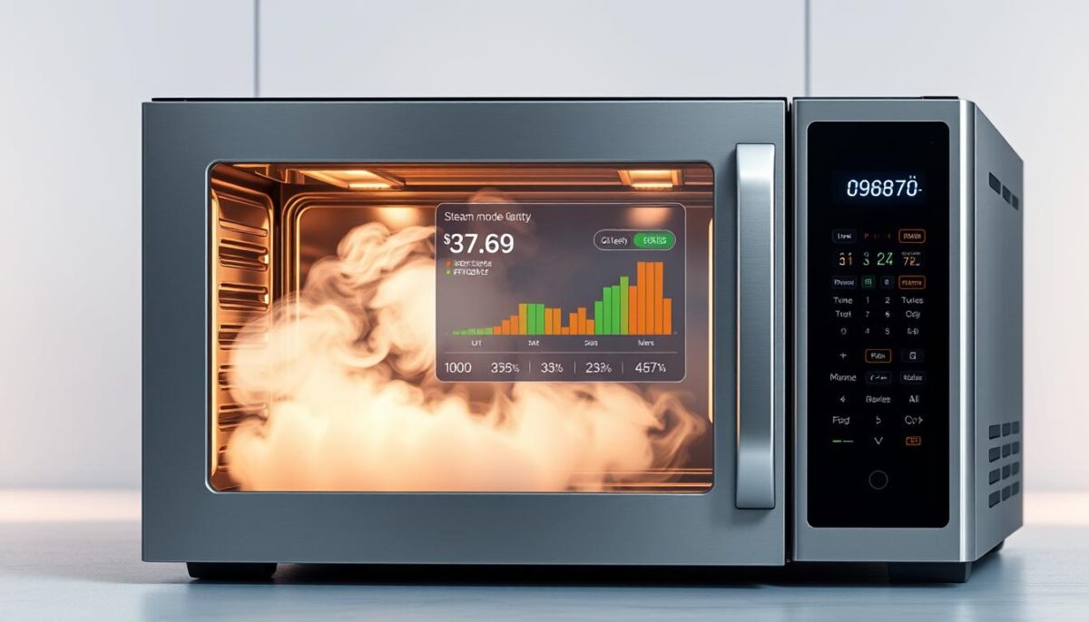 A sleek, stainless steel combi oven stands prominently in the foreground, its control panel illuminated with bright, digital readouts. The oven's interior is visible through a tempered glass window, showcasing a cloud of swirling, translucent steam. In the middle ground, a digital display presents a visual representation of the oven's steam mode efficiency, with vibrant, color-coded metrics and graphs. The background is a clean, minimalist space, with subtle lighting that casts a warm, industrial glow, emphasizing the oven's precision and performance. The overall scene conveys a sense of technological sophistication and the oven's ability to deliver consistent, high-quality cooking results through its steam-powered capabilities.