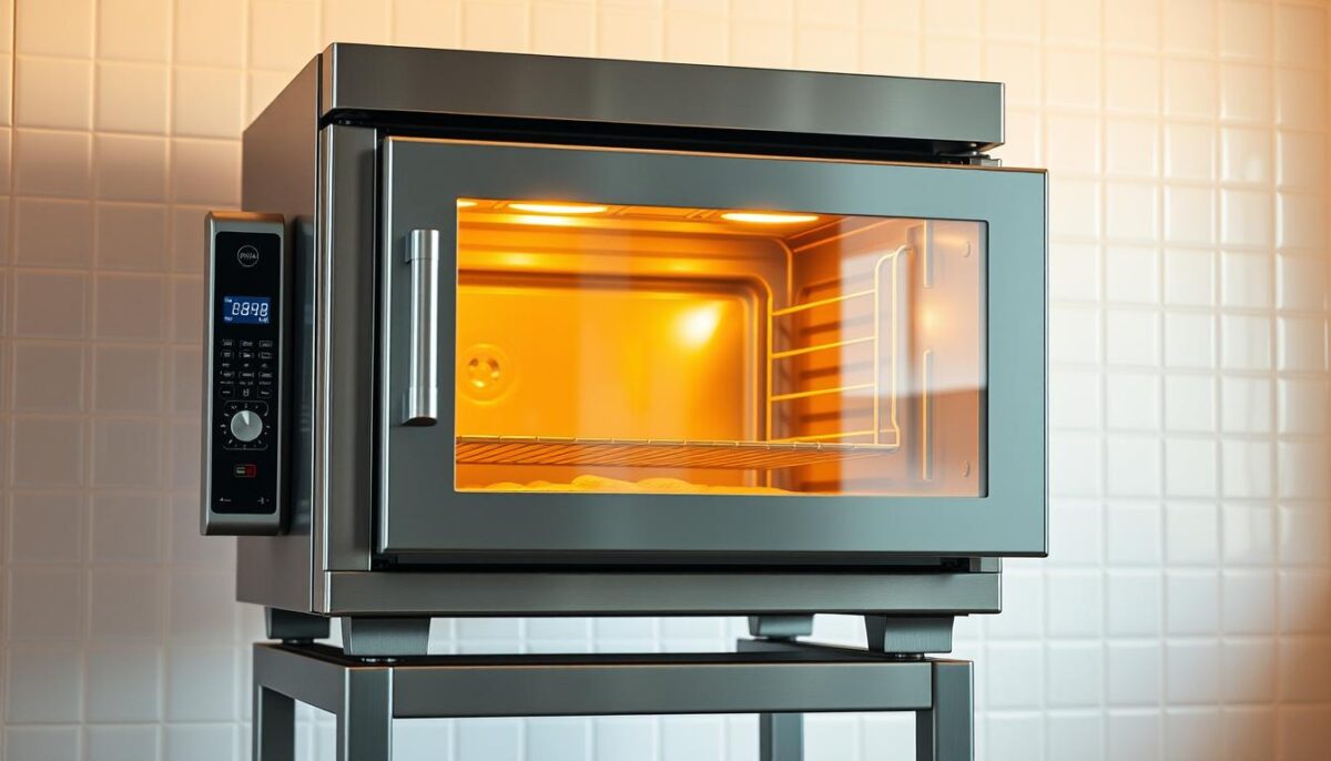 A sleek, stainless steel commercial convection oven stands in a bright, well-lit kitchen. The oven's front panel features intuitive digital controls and a large, transparent glass door, allowing for easy monitoring of the cooking process. The oven is positioned on a sturdy, height-adjustable stainless steel stand, ensuring a comfortable working height for the chef. Warm, diffused lighting illuminates the oven's interior, showcasing its even heat distribution and convection fan system. The background is a clean, tiled wall, creating a professional, commercial kitchen ambiance. The overall scene conveys the oven's power, efficiency, and suitability for a high-volume commercial setting.