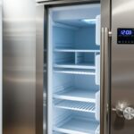 A sleek, stainless steel refrigerator stands in a pristine commercial kitchen, its digital temperature display illuminated with a vibrant blue glow. The freezer compartment door is slightly ajar, revealing rows of neatly organized shelves. The refrigerator's interior is bathed in a soft, even light, casting a gentle shadow over the shelves and creating a sense of depth and clarity. The refrigerator's controls are prominently featured, with a dial and buttons allowing for precise temperature adjustment. The scene conveys a sense of order, efficiency, and the importance of proper refrigeration temperature management in a professional food service environment.