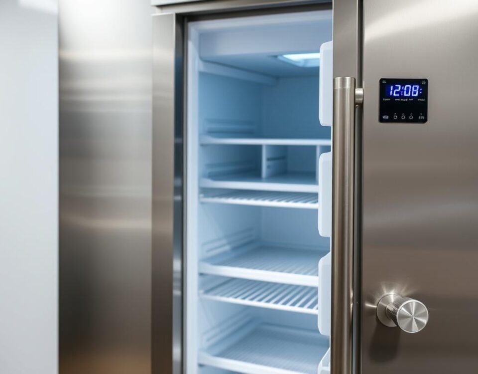 A sleek, stainless steel refrigerator stands in a pristine commercial kitchen, its digital temperature display illuminated with a vibrant blue glow. The freezer compartment door is slightly ajar, revealing rows of neatly organized shelves. The refrigerator's interior is bathed in a soft, even light, casting a gentle shadow over the shelves and creating a sense of depth and clarity. The refrigerator's controls are prominently featured, with a dial and buttons allowing for precise temperature adjustment. The scene conveys a sense of order, efficiency, and the importance of proper refrigeration temperature management in a professional food service environment.