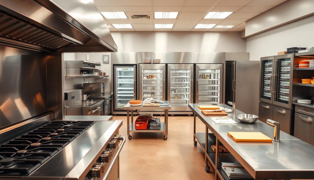 A spacious, well-lit commercial kitchen filled with an assortment of high-quality equipment. In the foreground, a large, stainless steel commercial-grade gas stove with multiple burners and an oven, ready for the preparation of diverse culinary creations. Alongside it, a sleek, modern convection oven, its tempered glass door revealing the precise temperature controls. In the middle ground, a row of stainless steel work tables with cutting boards, mixing bowls, and other essential tools, creating an organized and efficient workspace. In the background, a towering, state-of-the-art commercial refrigerator and freezer units, ensuring the freshness and availability of ingredients. The entire scene is bathed in the warm, even lighting of the kitchen, creating a professional and inviting atmosphere for the culinary experts who will utilize this comprehensive array of commercial kitchen equipment.