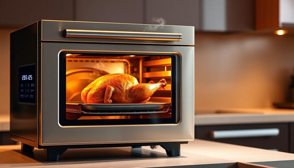 A stainless steel combi oven standing on a sleek kitchen counter, its glass door revealing a perfectly golden-brown roasted chicken inside. The oven's control panel glows with digital readouts, reflecting the precision cooking settings. Steam wisps emanate from the vent, signaling the oven's convection and humidity capabilities. Warm, directional lighting casts an inviting glow, highlighting the oven's professional-grade construction. The scene conveys the oven's versatility and power, hinting at the superior results it can achieve compared to a standard convection oven.