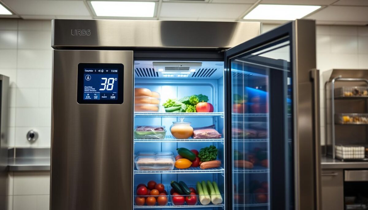 A stainless steel commercial refrigerator stands in a well-lit kitchen, its sleek exterior reflecting the bright overhead lighting. The refrigerator's digital temperature display shows a precisely controlled 38°F, maintaining the optimal temperature for preserving perishable goods. Inside, shelves are neatly stocked with fresh produce, meats, and dairy products, all kept at a consistent, energy-efficient temperature. Streamlined air vents and a powerful compressor work together to circulate cool air evenly throughout the interior, ensuring consistent cooling and preventing hot spots. The refrigerator's advanced thermostat and sensors continuously monitor and adjust the temperature, maintaining the perfect balance for maximum food preservation and energy efficiency.