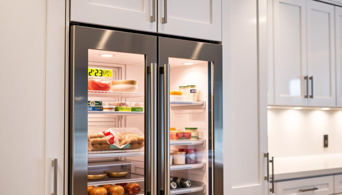 A stainless steel refrigerator nestled in a modern kitchen, its digital temperature display illuminated against a backdrop of sleek, white cabinetry. The interior shelves are neatly organized, showcasing various food items at their optimal storage temperatures. Soft, directional lighting casts a warm glow, highlighting the precision controls and intuitive interface. The refrigerator's stately presence commands attention, its streamlined design and intuitive temperature management symbolizing the solutions needed to maintain proper food preservation in any commercial kitchen setting.