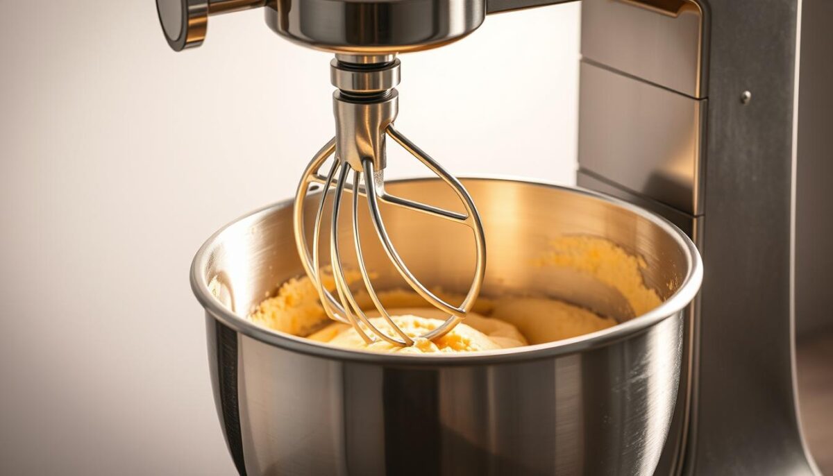 A stainless steel spiral mixer stands in a well-lit commercial kitchen, its chrome spiral arm gracefully sweeping through a large mixing bowl. The mixer's powerful motor hums steadily, kneading a batch of rich, golden dough with precision. The interior of the bowl is illuminated, revealing the dough's supple texture and the slow, rhythmic rotation of the spiral arm. The scene is framed by a clean, minimalist background, allowing the mixer to take center stage. Soft, diffused lighting casts a warm glow over the entire setup, conveying a sense of professionalism and culinary expertise. The overall composition emphasizes the spiral mixer's elegant design and its crucial role in the art of dough-making.