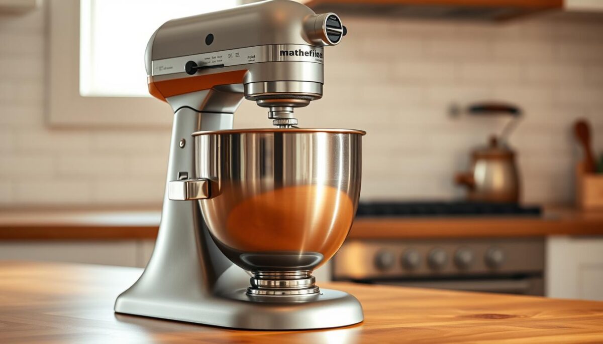 A stainless steel stand mixer with a large stainless steel bowl stands prominently on a wooden kitchen counter. The mixer's powerful motor and sturdy design suggest its ability to knead even the toughest bread doughs. Warm, directional lighting casts a soft glow over the scene, highlighting the mixer's sleek, chrome accents. In the background, a clean, minimalist kitchen with white walls and subway tile backsplash provides a clean, uncluttered backdrop, allowing the stand mixer to take center stage as the hero of the image.