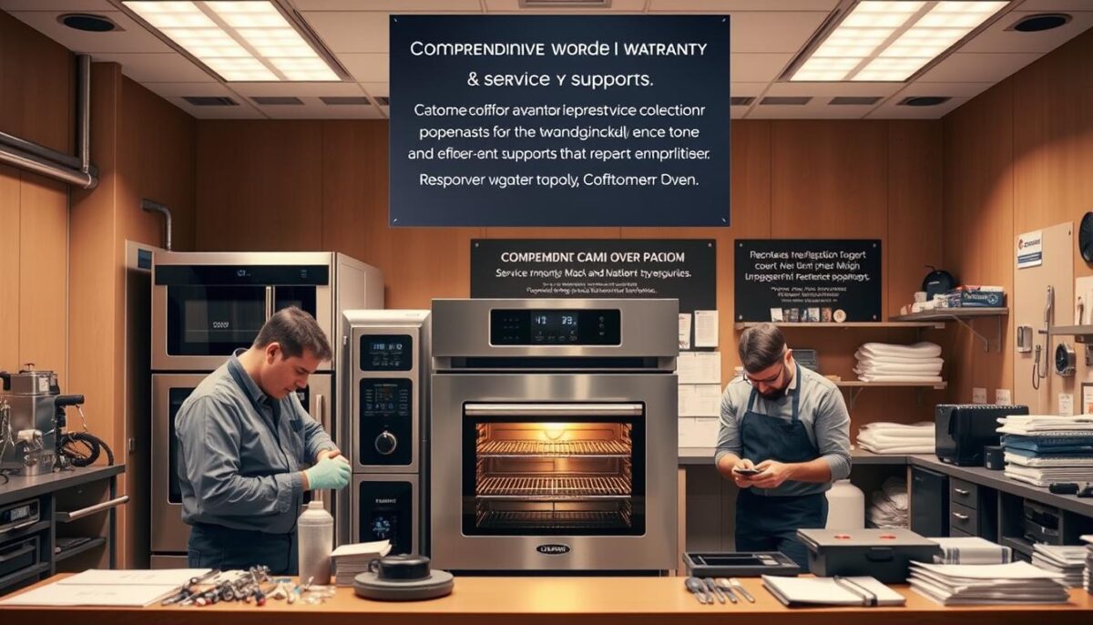A well-equipped, modern combi oven service center with a warm, inviting atmosphere. The foreground features a team of technicians in crisp uniforms, intently focused on repairing a state-of-the-art combi oven. The middle ground showcases an array of diagnostic tools, spare parts, and reference manuals, conveying the depth of knowledge and expertise. In the background, a wall-mounted display highlights the manufacturer's comprehensive warranty and service support policies, instilling confidence in the customer. Soft, diffused lighting illuminates the scene, creating a professional and reassuring ambiance. The overall composition emphasizes the reliable, responsive, and customer-centric nature of the combi oven service experience.