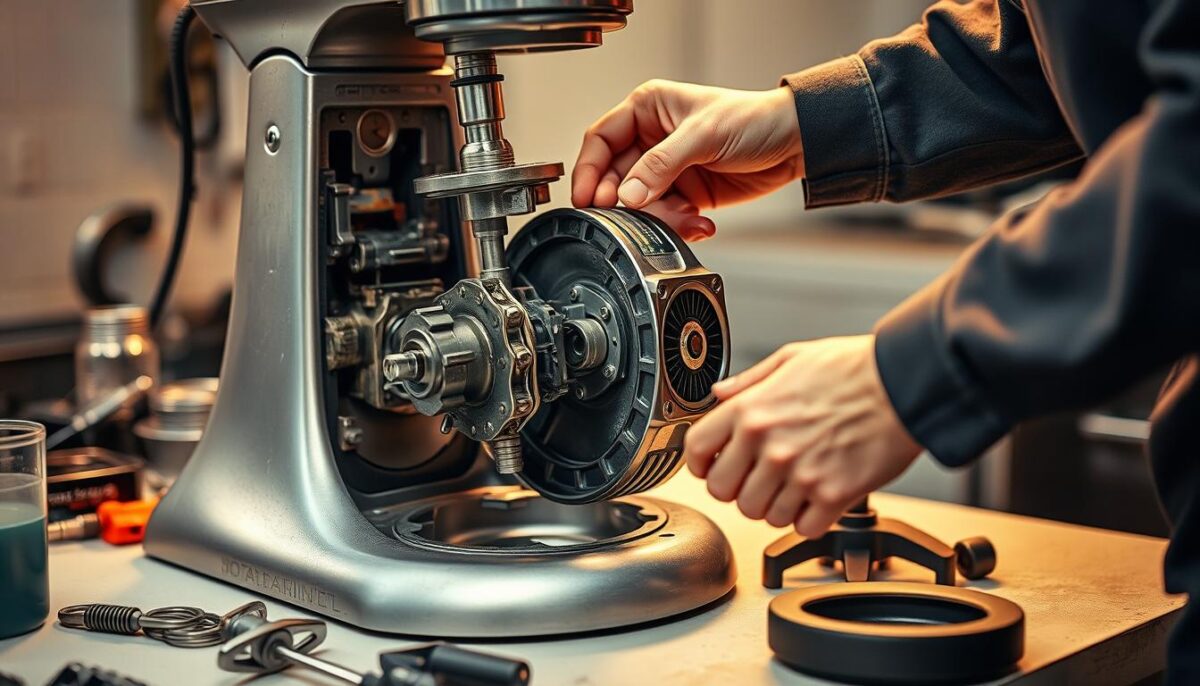 A well-lit, close-up view of a mechanic's hands carefully disassembling the gearbox of a commercial stand mixer. The intricate inner workings of the machine are exposed, with various components and tools neatly arranged on a clean workbench. Warm lighting casts subtle shadows, highlighting the technician's concentration as they diagnose and troubleshoot the mixer's mechanical issues. The scene conveys a sense of precision, expertise, and the importance of proper maintenance for optimal mixer performance.