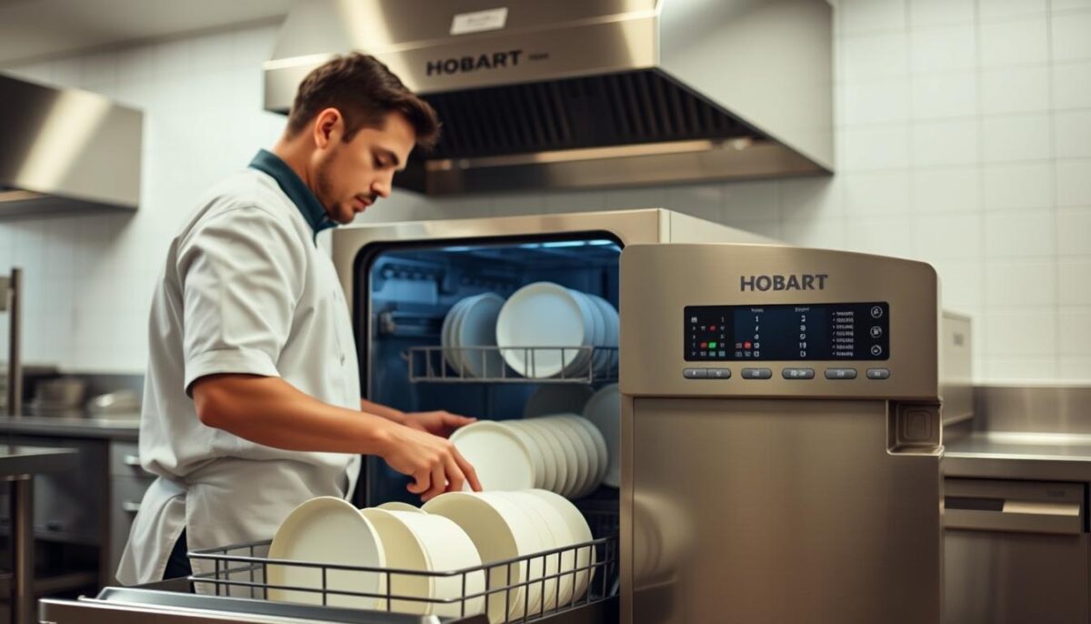 A well-lit commercial kitchen interior, capturing a user interacting with a Hobart commercial dishwasher. In the foreground, the user, dressed in a chef's uniform, is carefully loading dirty dishes into the dishwasher's spacious interior, their expression focused and engaged. The dishwasher's control panel is prominently displayed, showcasing its intuitive design and array of customizable settings. In the middle ground, the stainless steel exterior of the Hobart dishwasher stands out, its sleek and robust appearance conveying a sense of durability and efficiency. The background features other kitchen appliances and countertops, creating a realistic, professional setting. The overall scene radiates a mood of productivity, attention to detail, and a seamless user experience.