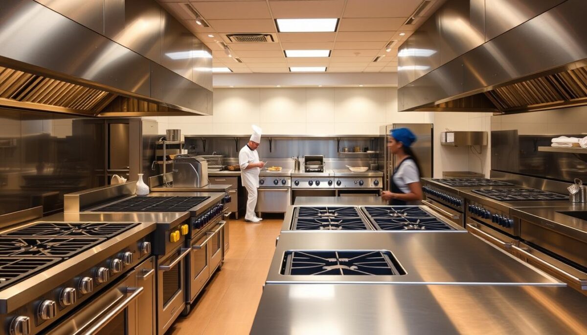 A well-lit commercial kitchen showroom, showcasing an array of Southbend and Vulcan range configuration options. In the foreground, various range models are displayed, their stainless steel surfaces gleaming under the warm, diffused lighting. In the middle ground, chefs prepare dishes, demonstrating the flexibility and power of the ranges. The background features a clean, minimalist design, allowing the equipment to take center stage. The overall mood is one of professional excellence, highlighting the precision and versatility of these commercial-grade appliances.