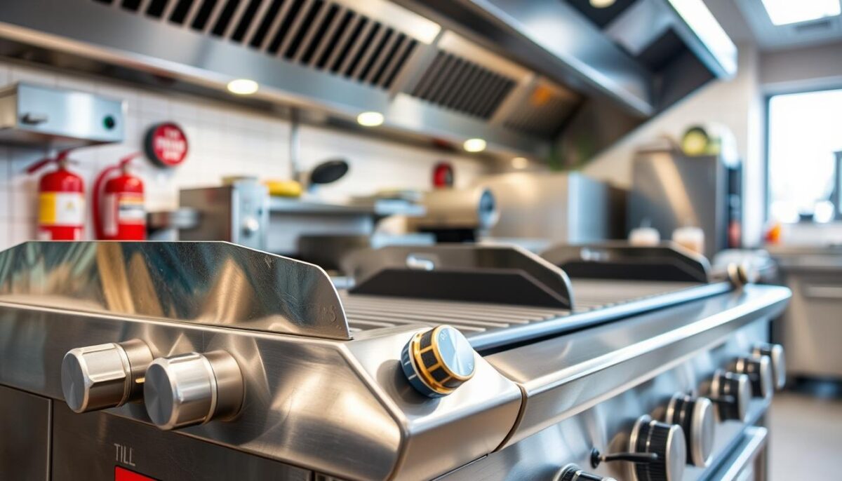 A well-lit commercial kitchen, the focus on a stainless steel gas grill with prominent safety features. In the foreground, knobs and controls with clear labeling and intuitive ergonomic design. The grill surface is equipped with a robust flare-up prevention system, with strategically placed heat shields and grease management components. In the middle ground, the grill's sturdy construction and stable, non-slip base inspire confidence. The background shows a clean, organized kitchen space with ample ventilation, fire extinguishers, and other safety measures visible. The overall scene conveys a sense of professionalism, attention to detail, and a commitment to safe culinary operations.