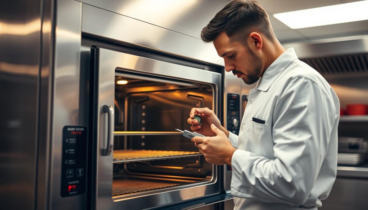 A well-lit commercial kitchen, with a stainless steel combi oven taking center stage. The oven's interior is partially exposed, revealing its complex mechanisms and components. A technician, dressed in a clean uniform, is carefully examining the oven, tools in hand, focusing on the maintenance and servicing process. The background is slightly blurred, emphasizing the attention on the oven and the technician's work. The lighting is warm and indirect, creating a sense of professionalism and attention to detail. The overall atmosphere conveys the importance of proper combi oven maintenance for ensuring longevity and efficiency.