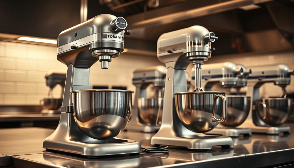 A well-lit commercial kitchen, with a variety of professional-grade stand mixers prominently displayed on a stainless steel countertop. In the foreground, a sleek, powerful Hobart mixer stands out, its polished chrome body and sturdy planetary mixing action. Beside it, a Globe mixer showcases its user-friendly controls and versatile attachments. In the background, additional mixers of varying sizes and capacities are arranged, each designed to handle the demands of a busy commercial kitchen. The scene is bathed in warm, directional lighting, emphasizing the mixers' robust construction and functionality. The overall atmosphere conveys the reliability and efficiency essential for successful commercial food preparation.