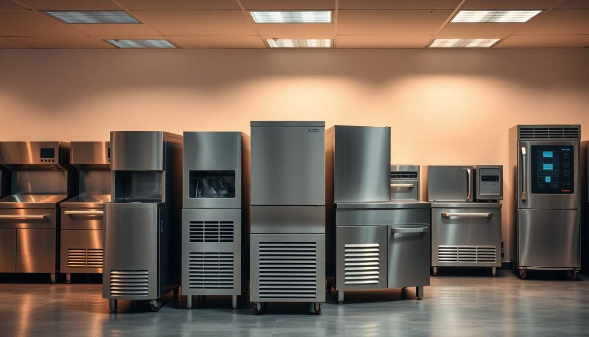 A well-lit commercial kitchen with an array of gleaming stainless steel ice makers prominently displayed. The foreground features a variety of shapes and sizes, from compact countertop models to large freestanding units, all radiating a sense of efficiency and reliability. The middle ground showcases the intricate mechanisms and controls, hinting at the advanced technology within. In the background, a minimalist yet sophisticated setting, with clean lines and a subtle color palette, creates a professional, high-end atmosphere. Warm, directional lighting casts subtle shadows, accentuating the machines' sleek designs and lending an air of sophistication. The overall scene conveys the power, precision, and versatility of these commercial ice makers, ready to meet the demands of any business.
