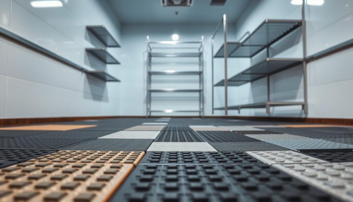 A well-lit, commercial walk-in cooler interior, with the camera positioned at a low angle to showcase the various flooring options. The foreground features a selection of different materials, such as textured rubber tiles, seamless epoxy resin, and interlocking PVC panels, each sample laid out neatly. The middle ground showcases the scale and dimensions of the cooler, with stainless steel shelving units and a metal rack system visible. The background subtly fades into a clean, white wall, creating a sense of professional, hygienic presentation. The overall mood is one of practical, high-quality options for a restaurant's walk-in cooler, with a focus on durability, slip-resistance, and easy maintenance.