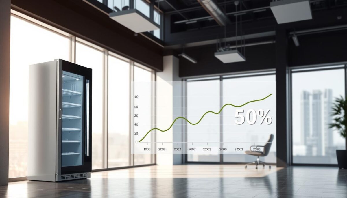 A well-lit, contemporary interior scene showcasing the financial impact of energy-efficient glass door refrigeration. In the foreground, a sleek, minimalist glass-fronted refrigerator unit emits a soft, ambient glow. The middle ground features a detailed energy consumption graph, visually demonstrating the cost savings achieved through improved efficiency. The background depicts a serene, modern office space with large windows, allowing natural light to flood the scene and further accentuate the refrigerator's energy-saving capabilities. The overall mood is one of sophistication, technological innovation, and financial prudence.