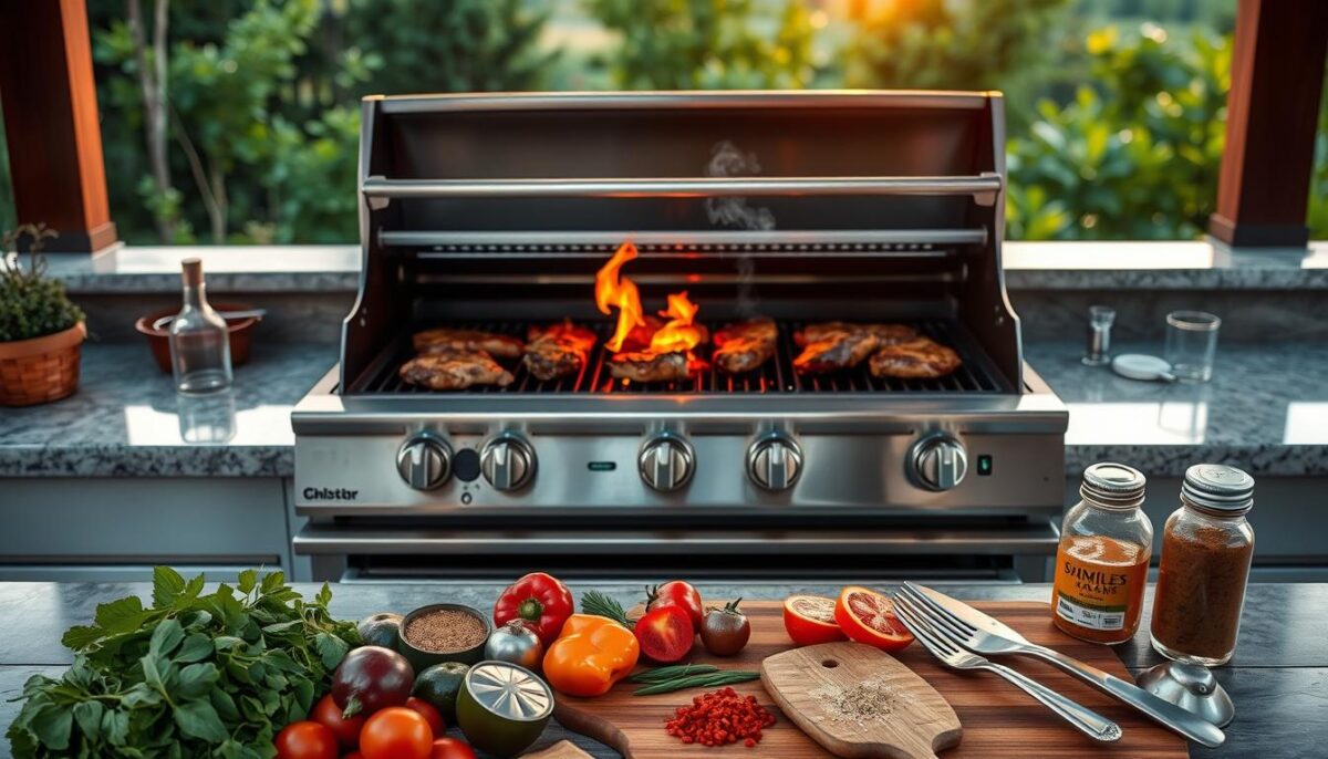 A well-lit, contemporary outdoor kitchen setup with a stainless steel gas grill at the center. Sizzling steaks and vegetables on the grates, with a rich, smoky aroma drifting through the air. In the foreground, an artfully arranged spread of fresh ingredients - herbs, spices, and marinades - ready for seasoning. The middle ground features gleaming cooking utensils and a weathered wooden serving board. The background showcases a lush, verdant garden setting, with a warm sunset glow casting a golden hue over the entire scene, creating a cozy, inviting atmosphere.