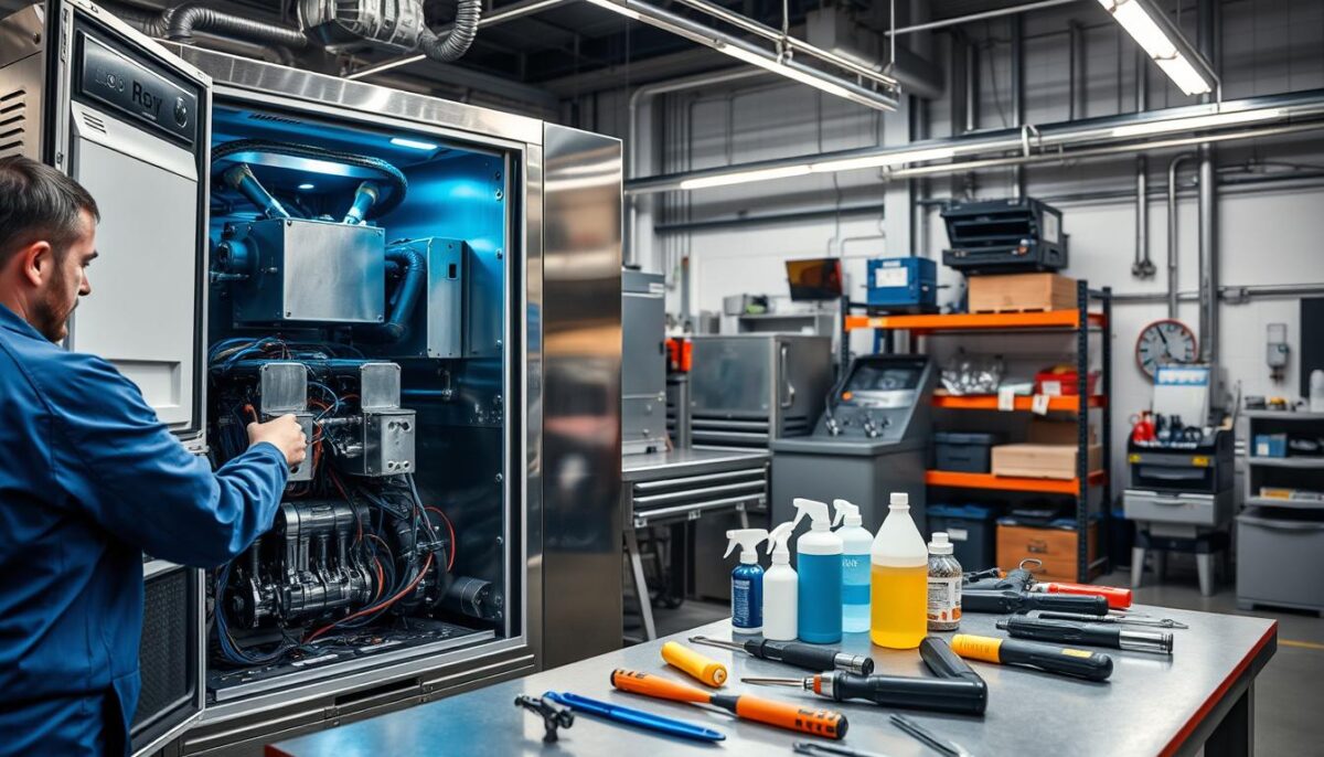 A well-lit, detailed industrial interior showing an ice machine being serviced. In the foreground, a technician in a blue uniform is carefully removing the machine's panels, exposing the intricate inner workings. Gleaming metal parts and wiring are visible, hinting at the complex mechanics. In the middle ground, various maintenance tools and cleaning supplies are neatly organized on a workbench. The background features other industrial equipment, shelves, and a utilitarian aesthetic, conveying a sense of a professional, well-equipped maintenance workshop. Cool, neutral lighting casts an even glow, highlighting the precision and care required for proper ice machine upkeep.