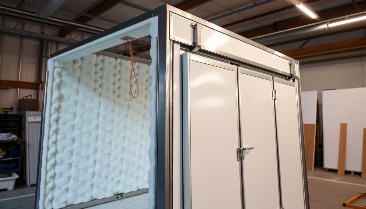 A well-lit, high-angle view of a walk-in cooler panel under construction. The foreground shows the panel's internal structure, with interlocking foam insulation sheets and metal framing. The middle ground reveals the panel's exterior, showcasing its smooth, seamless finish and hinged door mechanism. The background suggests a clean, organized workshop environment, with additional panels and tools visible. The scene conveys a sense of precision, durability, and attention to detail in the panel's construction, reflecting the importance of insulation and build quality for effective walk-in cooler performance.