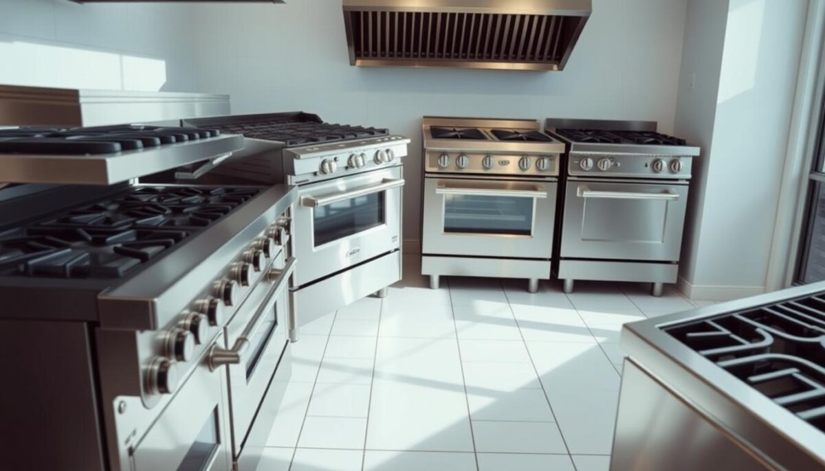 A well-lit, high-angle view of four different commercial-grade restaurant ranges, each with distinct features and capabilities, arranged in a row for comparison. The ranges are shiny, stainless steel with visible burners, knobs, and oven compartments. The scene is captured in a clean, modern kitchen setting with minimalist white walls and floor tiles, allowing the ranges to be the central focus. The lighting is bright and evenly distributed, creating sharp shadows and highlights that accentuate the texture and form of the equipment. The perspective and framing create a sense of scale, inviting the viewer to imagine the power and performance of these professional-level cooking appliances.
