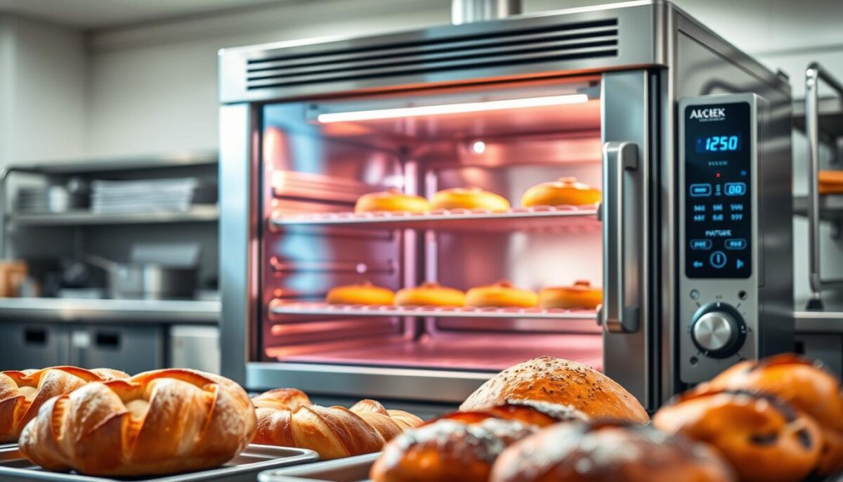 A well-lit, high-end commercial convection oven, standing prominently in a professional kitchen setting. The stainless steel exterior gleams under bright lighting, with a large, clear viewing window showcasing the even browning of the dishes inside. The oven's control panel features precise digital temperature and time settings, allowing for expertly-crafted baking. In the foreground, various baked goods such as crusty artisanal breads, flaky pastries, and golden-brown roasted meats are visible, highlighting the oven's impressive versatility and performance. The background is blurred, putting the focus squarely on the impressive, state-of-the-art commercial convection oven, the clear choice for the best in the industry.