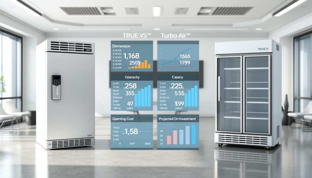 A well-lit, high-quality image of a side-by-side comparison of commercial refrigeration units from True and Turbo Air brands. The foreground features the refrigerators in a realistic 3D render, showcasing their key features and specifications such as dimensions, cooling capacity, and energy efficiency ratings. The middle ground includes informative charts and graphs detailing the purchase prices, operating costs, and projected return on investment over a 5-year period. The background depicts a clean, professional office setting with modern furnishings, adding to the authoritative, data-driven atmosphere. The lighting is soft and directional, creating depth and highlighting the comparative details. The camera angle is slightly elevated to provide an optimal, unobstructed view of the refrigeration units and analytical information.