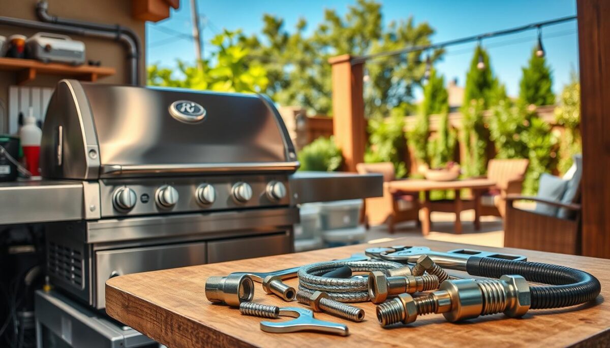 A well-lit, high-quality photograph showcasing the various components and installation process of a gas grill. In the foreground, a professional-grade gas grill sits on a sturdy workbench, its gleaming stainless steel surfaces reflecting the soft lighting. In the middle ground, a set of tools and materials, such as wrenches, screws, and gas line fittings, are neatly arranged, suggesting the attention to detail required for a proper installation. The background depicts a warm, inviting outdoor living space, with lush greenery and a clear blue sky, creating a sense of the grill's eventual placement and use. The overall composition conveys the care and expertise needed to ensure a safe, efficient, and aesthetically pleasing gas grill installation.