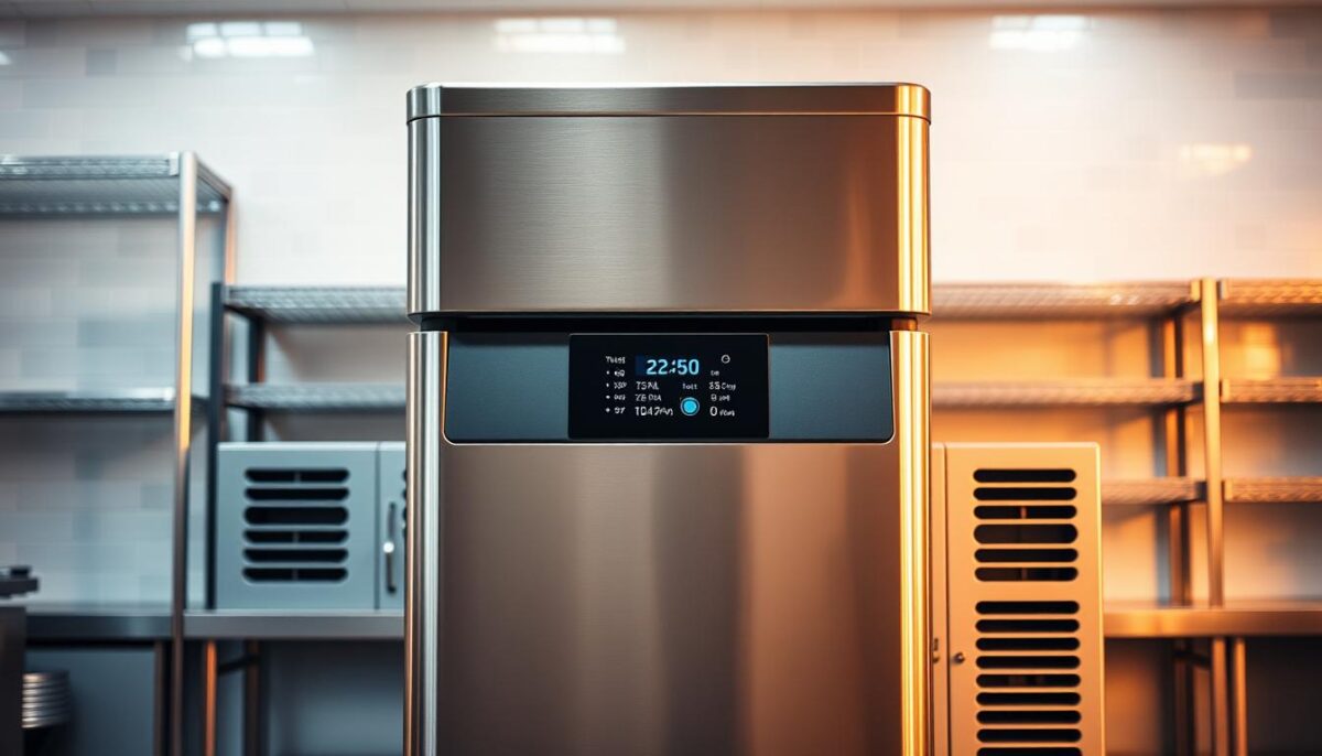 An air-cooled ice machine standing in a modern, well-lit commercial kitchen. Its sleek, stainless steel exterior gleams under the soft, warm lighting. The machine's front panel features intuitive digital controls, indicating its precise temperature and ice production capacity. In the background, a tiled backsplash and stainless steel shelving create a clean, professional atmosphere. The machine's fan vents are visible on the sides, efficiently circulating air to maintain the optimal operating temperature. The image conveys the machine's reliable, energy-efficient performance and its suitability for a variety of commercial settings.